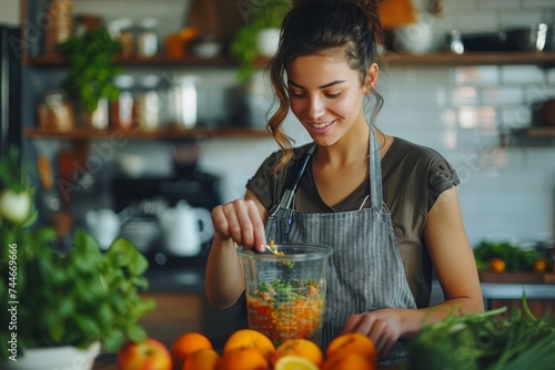 A young woman, surrounded by an array of vibrant fruits and vegetables, stands in her kitchen preparing a wholesome meal using local, natural produce, including citrus favorites like clementines, man photo