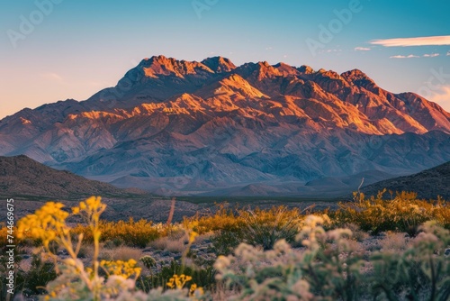 Majestic mountain range with sunrise, clear skies, nature landscape photography style 