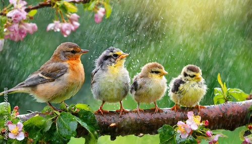 Summer Rain Serenade: Panoramic View of Playful Birds and Chicks on a Branch"