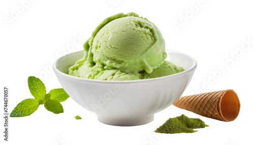 Scoop of mint ice cream with spoon isolated on transparent background