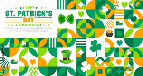 17 March is Happy St. Patrick's day geometric shape pattern background with green leaves background template. St Patrick day or saint Patrick day 2024 banner.