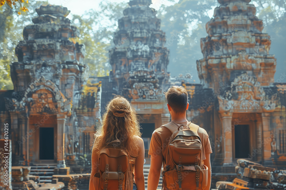 Naklejka premium Back view of young couple tourists with backpacks looking at ruins of ancient asian temple