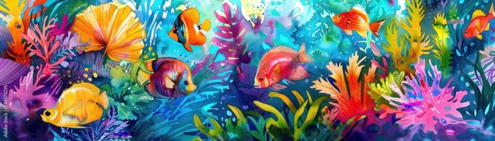 Naklejka premium Aquatic Euphony: Vibrant Watercolor Underwater Symphony