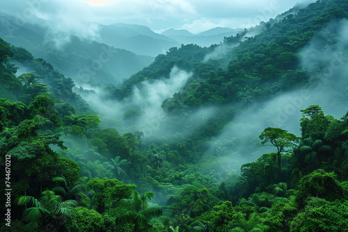 foggy morning in the mountain forest, aerial view