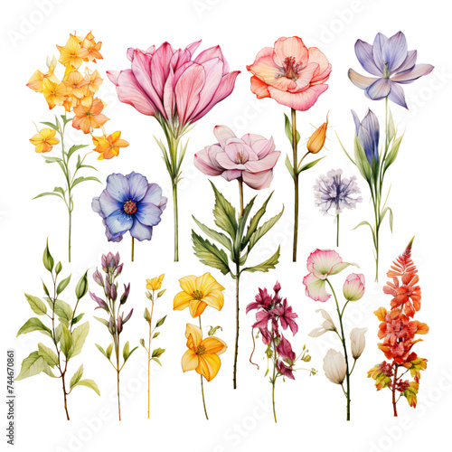 Artistic watercolor illustration of abstract flowers with vibrant splattered paint details on a white background, conveying a creative and joyful mood.