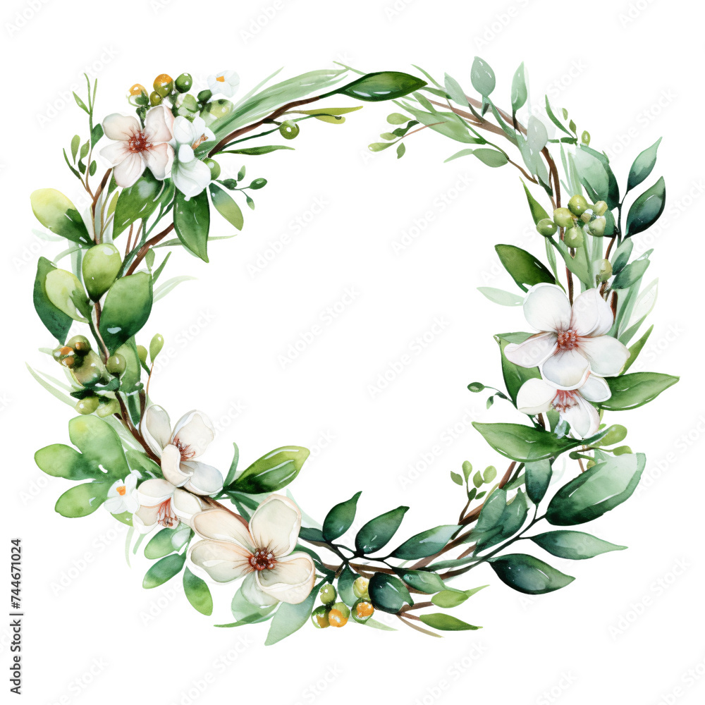 Circular watercolor wreath of flowers and leaves , artistic and decorative.