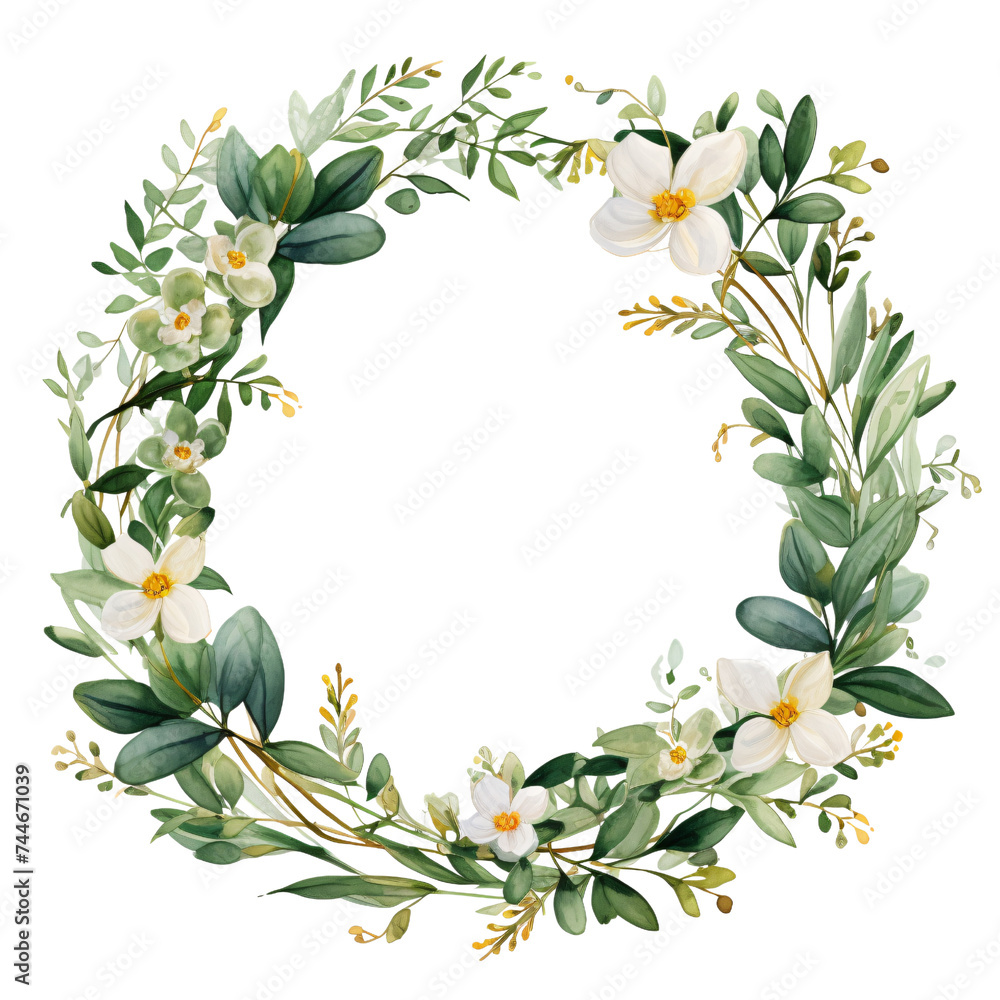 Fototapeta premium Circular watercolor wreath of flowers and leaves , artistic and decorative.