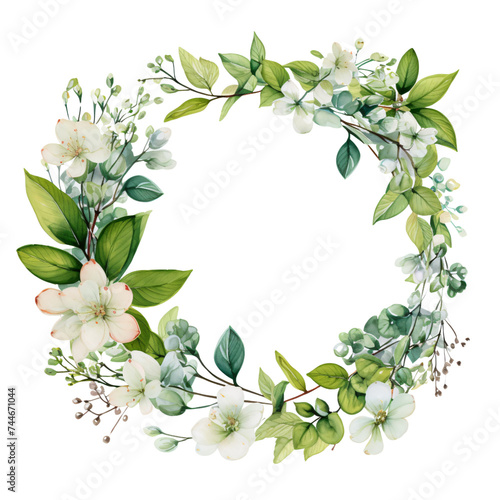 Circular watercolor wreath of flowers and leaves , artistic and decorative.