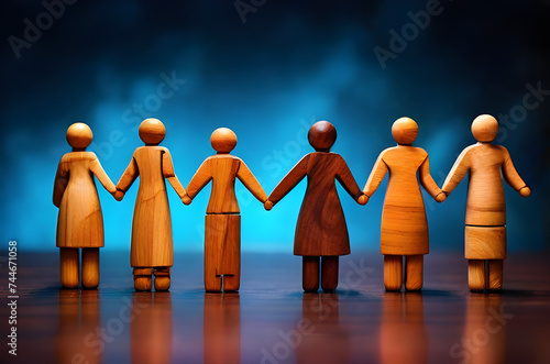 Wooden beautiful family members holding hands together. Parents hold the kids hands. The concept of a happy family. Parent-child Relationship. Unity and strength. 