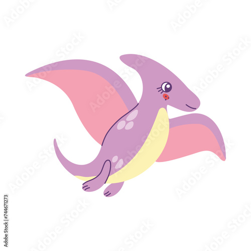 Cute colored dinosaur pterodactyl doodle. Vector illustration isolated