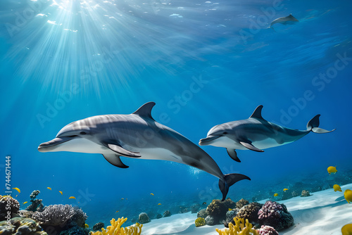 two cute dolphins swim underwater  blue sea  ocean  bright light  smart animals  algae  corals
