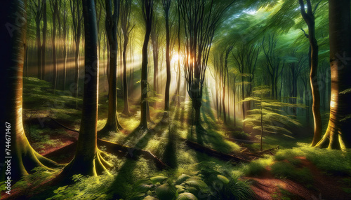 Sunlight streams through a lush forest, casting rays that illuminate the vibrant green foliage and the serene, misty atmosphere of this tranquil woodland scene.Forest beauty concept.AI generated. © Czintos Ödön
