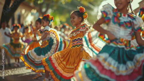 Girls in traditional folklore dresses dancing during the event of 5 de Mayo