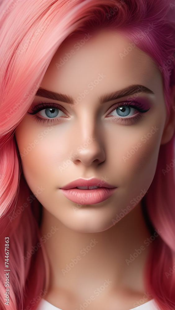 A girl with pink hair and blue eyes. A girl with pink hair and blue eyes.