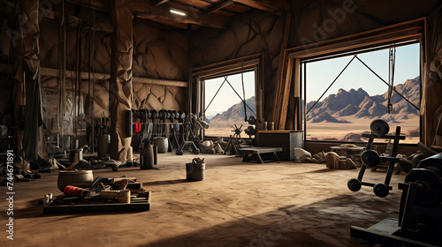A gym with a Mad Max post-apocalyptic theme, featuring rugged equipment and a desert wasteland aesthetic.