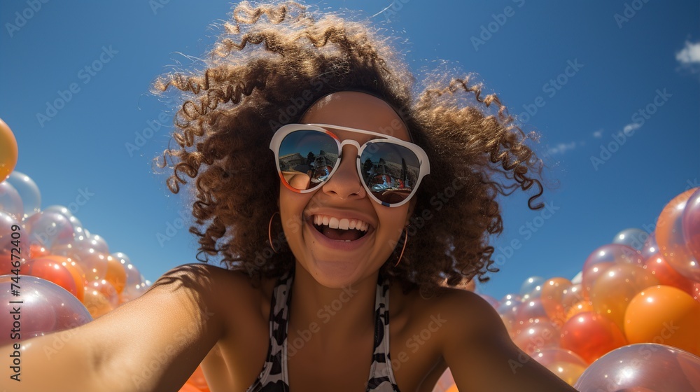 Happy young child with curly hair and sunglasses enjoying a sunny day while floating in a pool on an orange inflatable