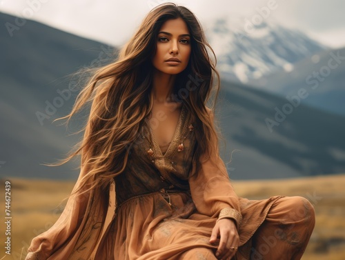 Indian Beauty in Flowy Maxi Dress amidst Breathtaking Mountain Landscape