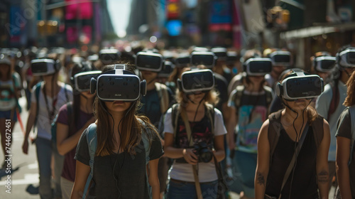 people wearing vr headset on New York street, with skyscrapers on the background