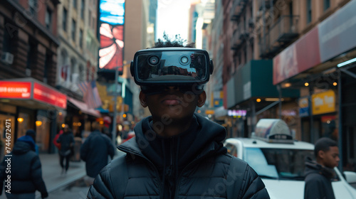 people wearing vr headset on New York street, with skyscrapers on the background