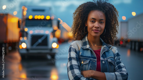 Portrait of smiling black female truck driver with freight truck at the background © Collab Media