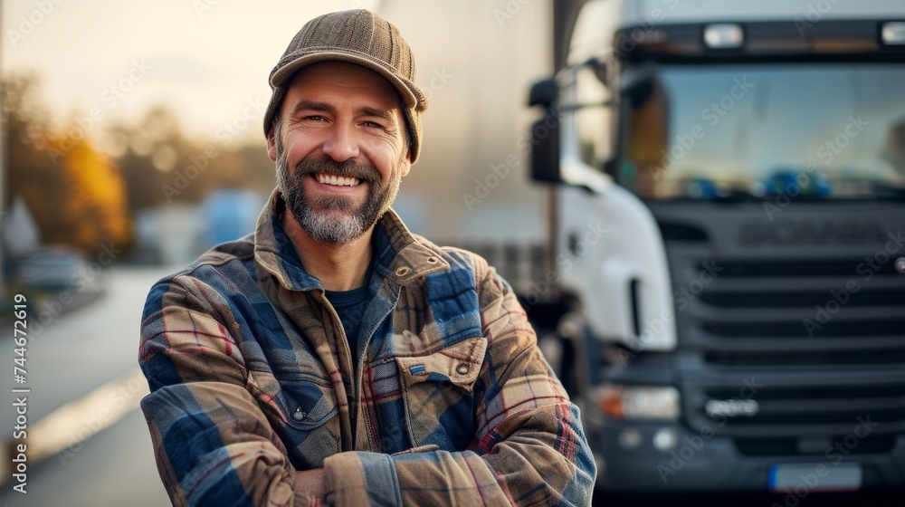 Portrait of smiling caucasian truck driver with freight truck at the background - obrazy, fototapety, plakaty 