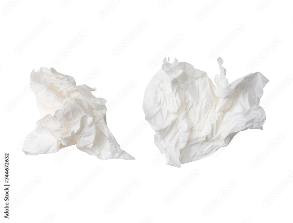 Top view set of crumpled tissue paper or napkin paper after use in toilet or restroom isolated with clipping path in png file format Top view set of crumpled tissue paper or napkin paper after use in toilet or restroom isolated with clipping path in png file format