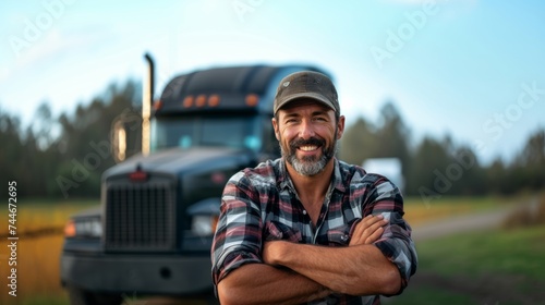 Portrait of smiling caucasian truck driver with freight truck at the background
