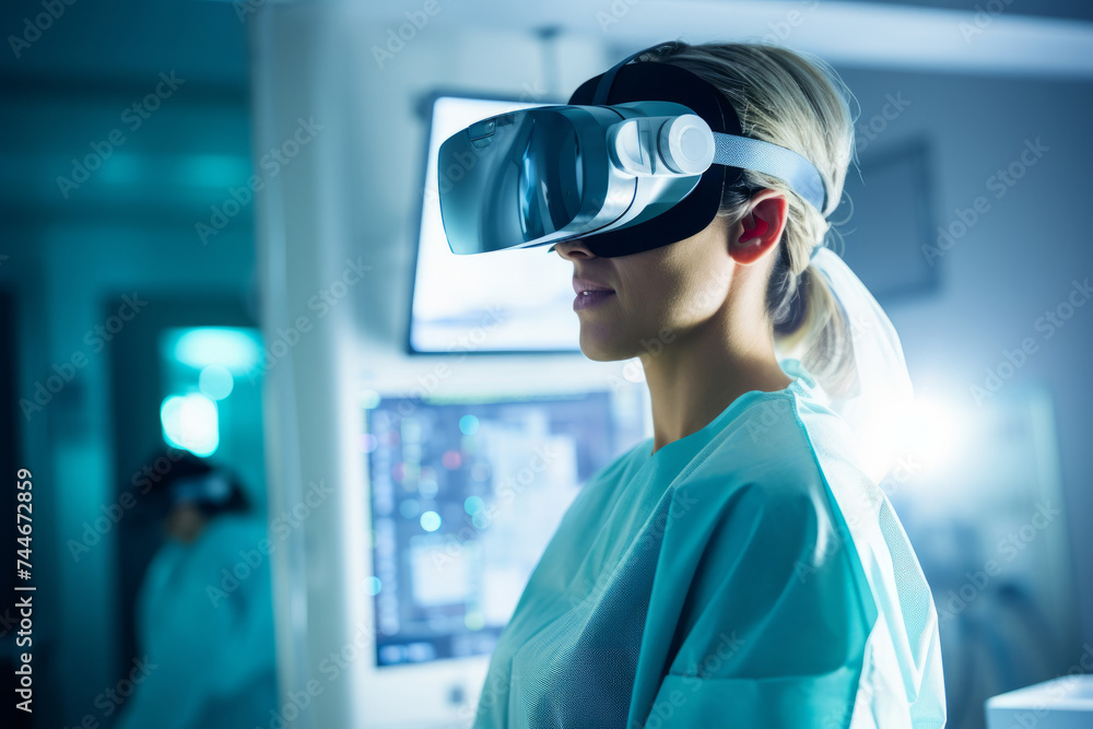 A medical professional surgeon wearing virtual reality headset in an operating theatre A medical professional surgeon wearing virtual reality headset in an operating theatre