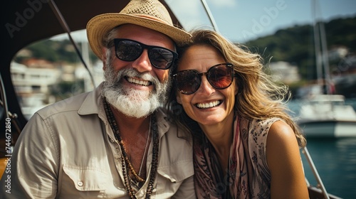 A cheerful couple with sunglasses smiling on a sunny yacht deck, embodying vacation and retirement goals © Vilaysack