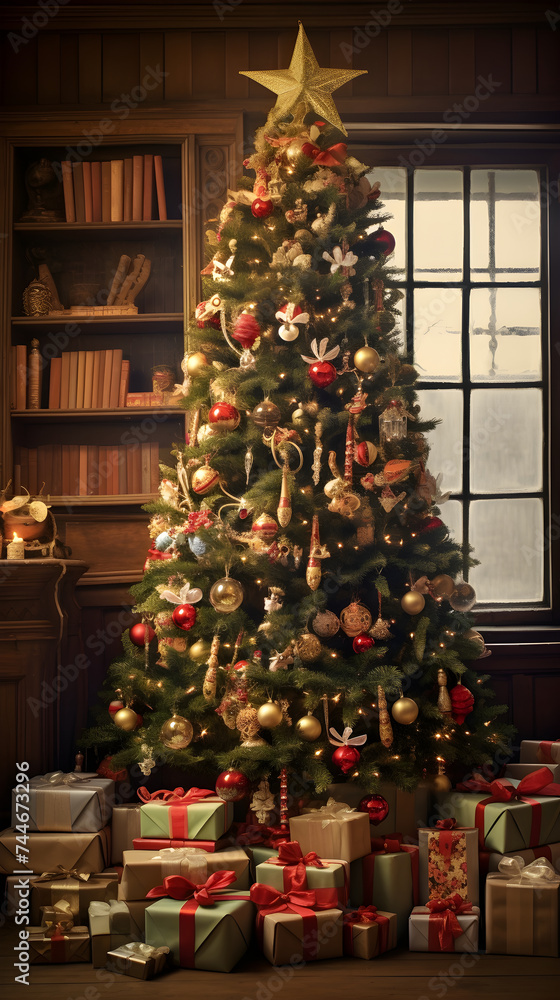 The magical allure of Christmas: twinkling tree adorned with ornaments and a haul of captivating gifts