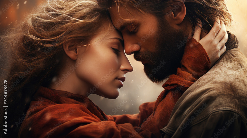 Romantic portrait of loving couple of young man and beautiful woman Romantic portrait of loving couple of young man and beautiful woman