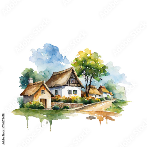 Quaint village with cobblestone street and thatched roof cottage houses scene landscape watercolor style illustration
