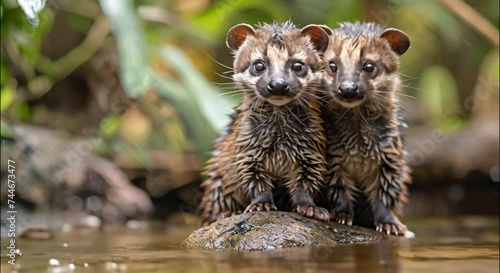 a pair of civet on a rock in a shallow river footage photo