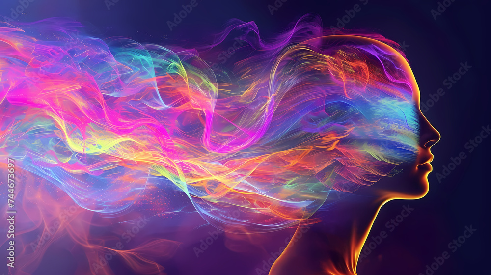 Vibrant Neon Profile of a Woman With Streaming Hair