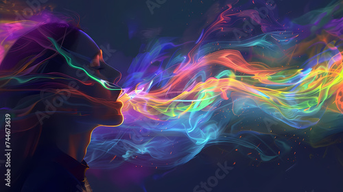 Colorful Digital Artwork of Woman Blowing Vibrant Nebula