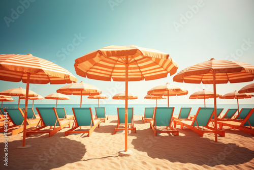 Soak up the serene vibes with this sun-drenched beach photo featuring rows of orange-striped umbrellas