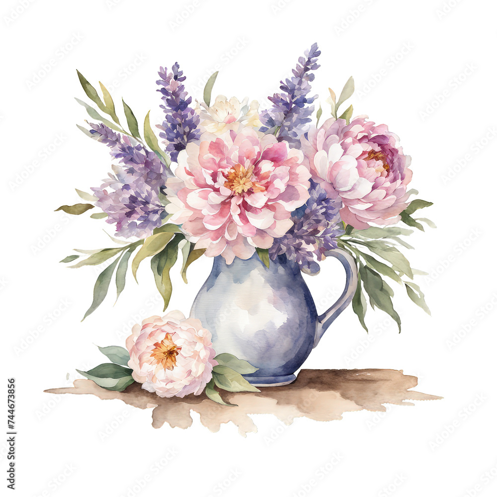 Watercolor illustration of rustic ceramic pitcher case with lavender pink peonies and wild flowers - obrazy, fototapety, plakaty 