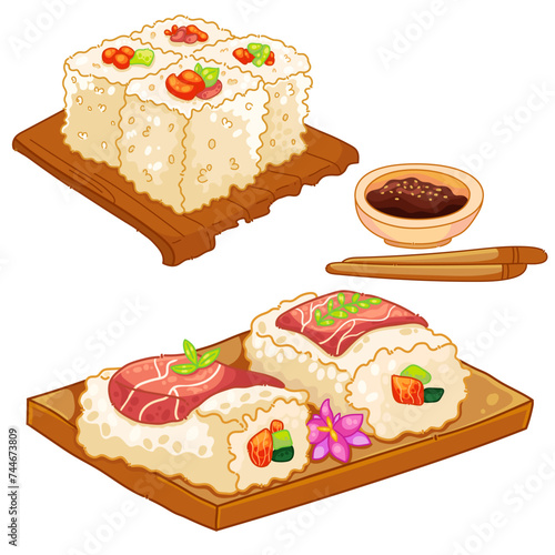 Vector illustration of a set of different uramaki sushi roll for banners, cards, flyers, social media wallpapers, etc.