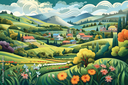 oil-style painting depicts an idyllic countryside with charming houses