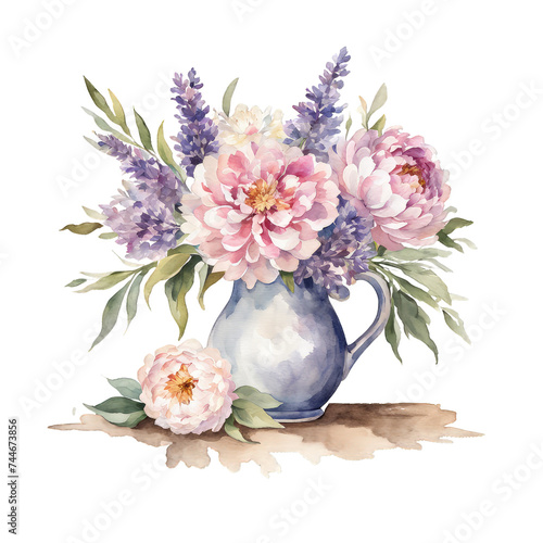 Watercolor illustration of rustic ceramic pitcher case with lavender pink peonies and wild flowers