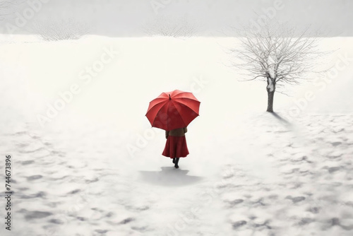 A solitary figure stands amidst a serene, snowy landscape