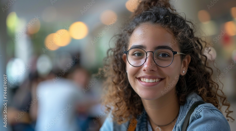 A woman with glasses is smiling, exuding happiness and confidence in her expression. Blurred city background, A woman with glasses is smiling, exuding happiness and confidence in her expression. Blurred city background,