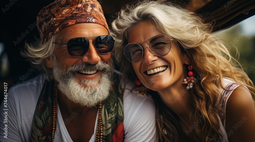 Obraz premium A cheerful couple with sunglasses smiling on a sunny yacht deck, embodying vacation and retirement goals