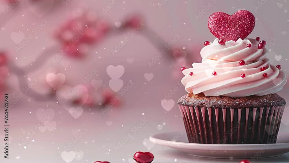 Single cupcake adorned with heart shaped frosting and sprinkles, Lover Heart Motion footage for background
