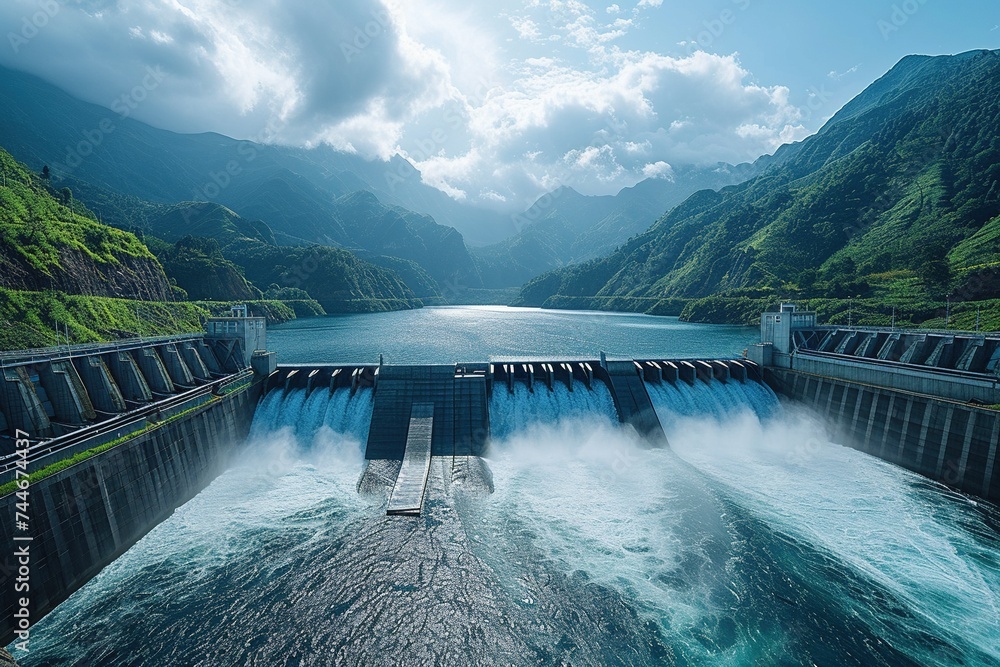 EcoDam Hydro Power Plant: Harnessing Nature's Power for a Green Future - obrazy, fototapety, plakaty 