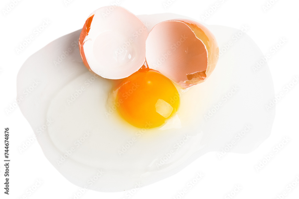 A broken egg spreads with the white and yolk and shell. On a blank background A broken egg spreads with the white and yolk and shell. On a blank background