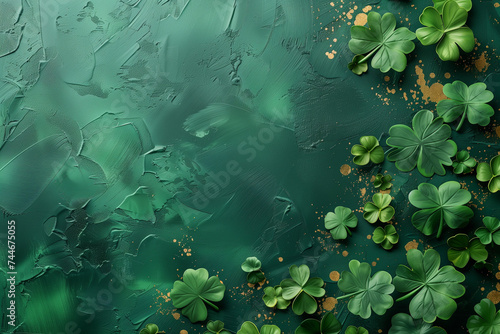 St. Patrick's Day Celebration: Festive Card Template with Green Four-Leaf Clovers and Gold Splashes
