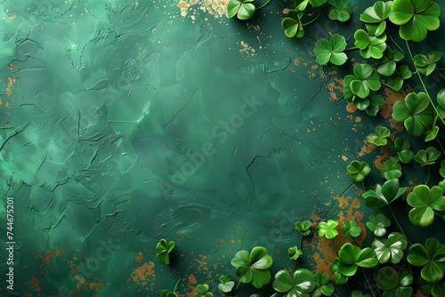 St. Patrick's Day Celebration: Festive Card Template with Green Four-Leaf Clovers and Gold Splashes