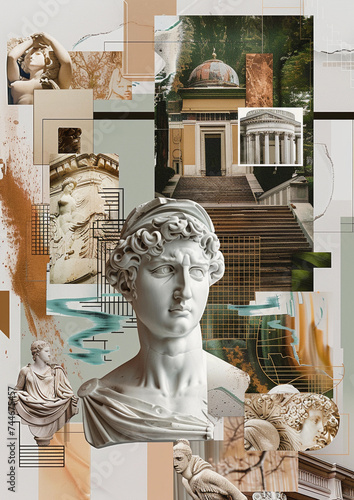 mood board envisioned as a confluence of eras and expressions. a mix of ancient artwork with modern design elements, classical sculptures adorned with digital overlays