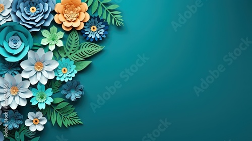 colorful paper cut flowers with green leaves on blue background with copy space, Generative AI © salahchoayb
